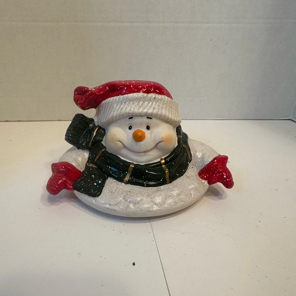 Holiday Snowman Ceramic Treats Jar‎ Blue Snowflake Christmas Candy Cookie Pot